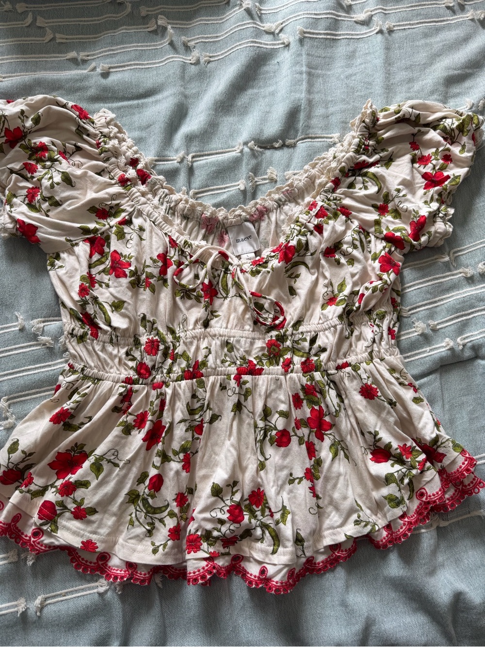 Maeve Peplum Top in White with Red Flowers
